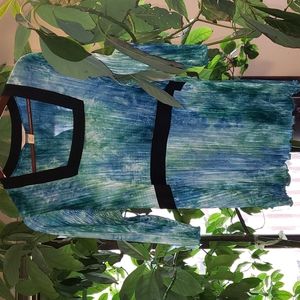 CJ Banks Square Neck 3/4 Sleeve Blouse Blue Green Black 1X